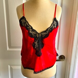 Vintage Red Satin Camisole Top Size‎ S Black Lace Lingerie Made In The USA